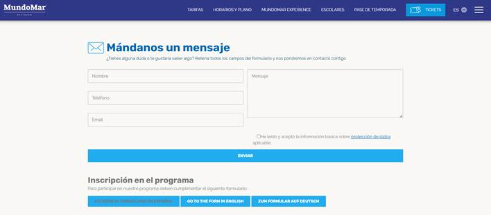 Formulario para enviar dudas e inscripción al programa de terapias con delfines en la Fundación Aqualandia-Mundomar