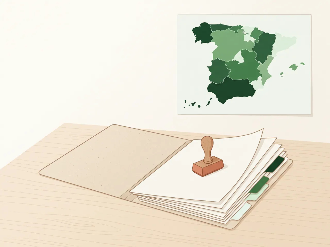 Una carpeta abierta con documentos ordenados y un sello encima, y en la pared un mapa de España con cada región en un tono de verde distinto.