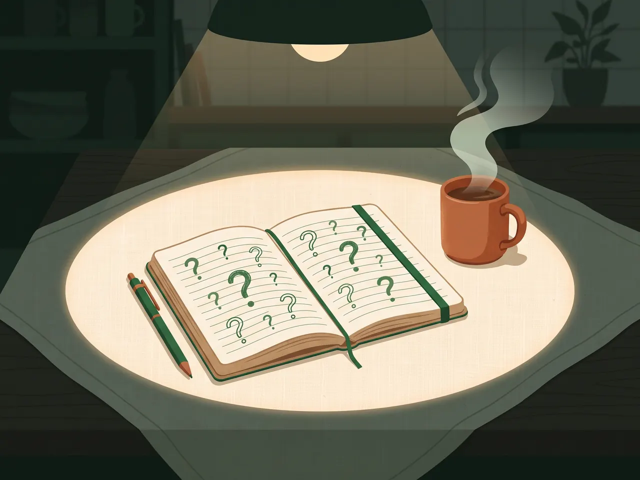 Una mesa de cocina de noche con una libreta llena de preguntas escritas a mano y una taza al lado.