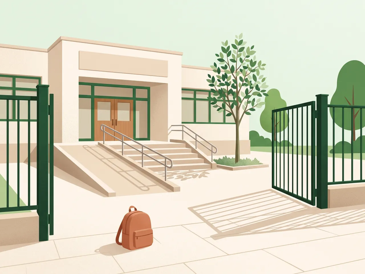La puerta de un colegio en septiembre, con una mochila pequeña en primer plano y una rampa a la entrada.