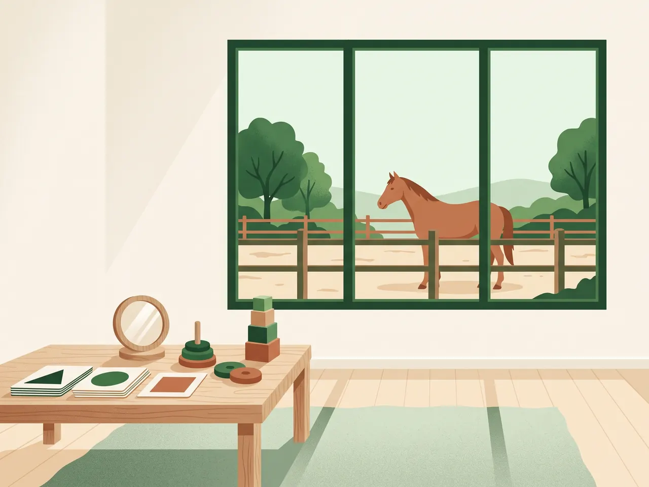 Una sala de terapia con material de logopedia sobre la mesa y, por la ventana, un caballo en un picadero.