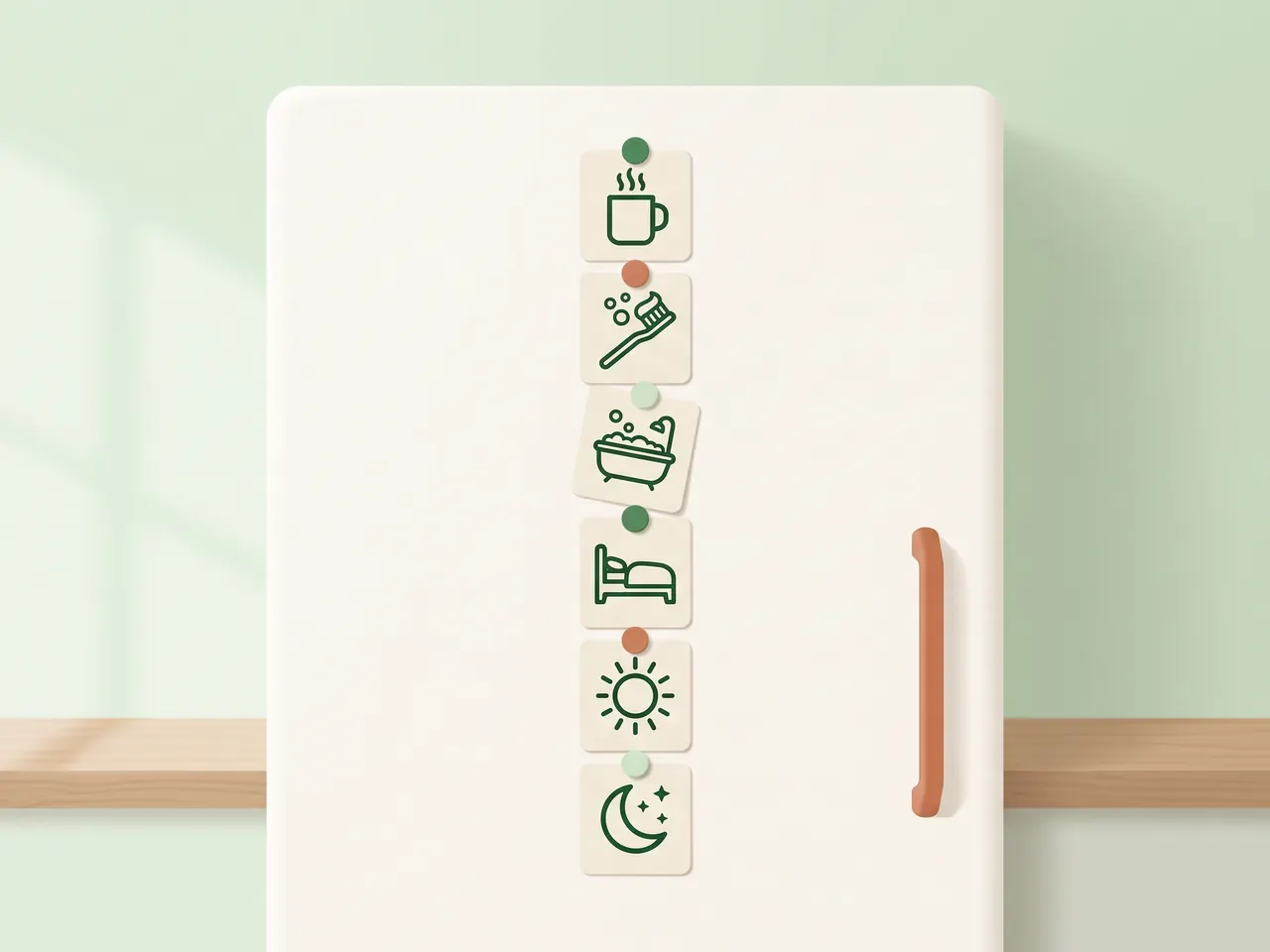 Una tira de pictogramas pegada en la nevera con la rutina del día paso a paso: la taza, el cepillo de dientes, el baño, la cama, el sol y la luna.