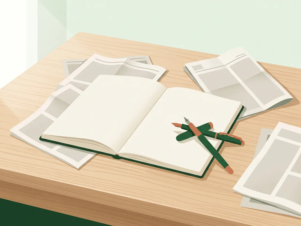 Un cuaderno abierto y en blanco sobre una mesa de madera, con periódicos abiertos alrededor y dos lápices cruzados encima.