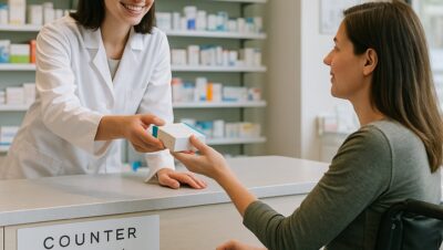 COCEMFE pide una ley de medicamentos sin barreras 6 Persona en silla de ruedas recibiendo medicamentos en una farmacia sin barreras.