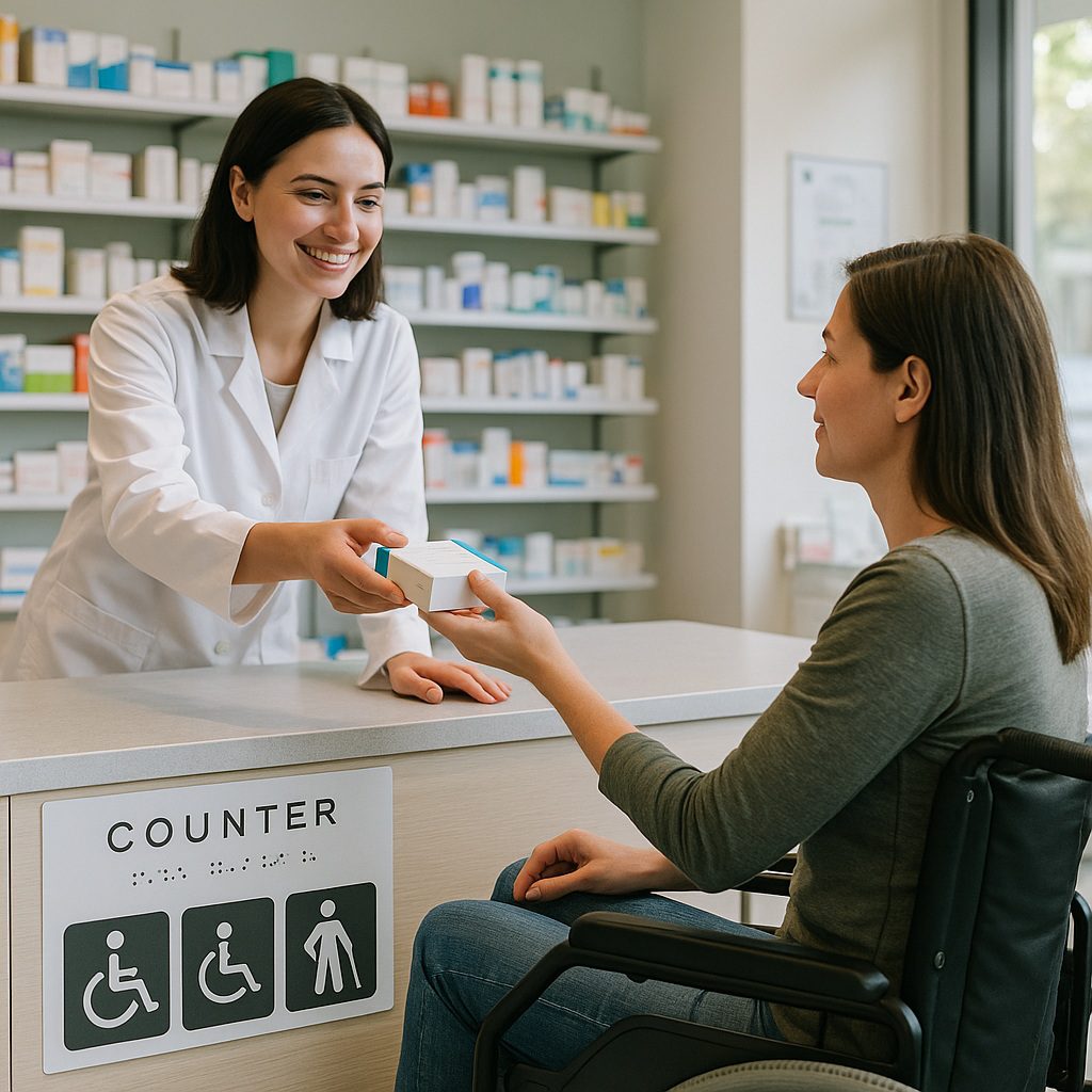 COCEMFE pide una ley de medicamentos sin barreras 1 Persona en silla de ruedas recibiendo medicamentos en una farmacia sin barreras.