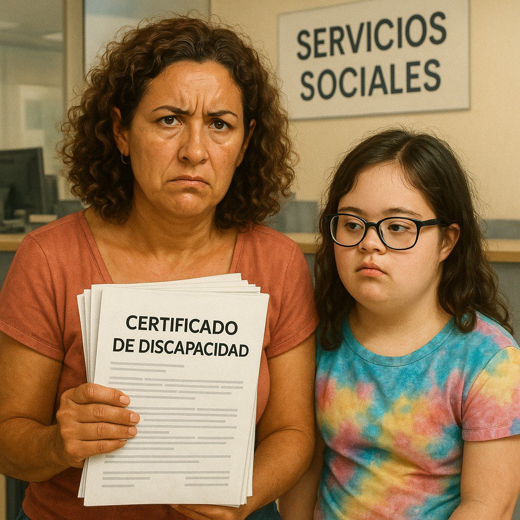 Hasta cuatro años de espera para obtener el grado de discapacidad en Lanzarote 1 Madre canaria con expresión de frustración en una oficina de servicios sociales, sosteniendo documentos sobre discapacidad, con su hija adolescente con síndrome de Down a su lado.