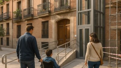 Plan Rehabilita Madrid 2025 - Ayudas para mejorar la accesibilidad en viviendas 5 Familia con niño en silla de ruedas entrando en un edificio rehabilitado con rampa y ascensor