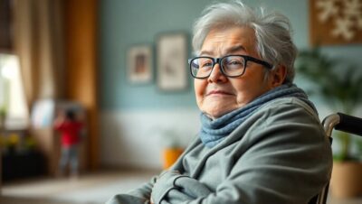 Mujer mayor con gafas y bufanda, sentada en silla de ruedas dentro de una vivienda luminosa, con expresión tranquila, representando a beneficiarios potenciales de ayudas económicas por discapacidad