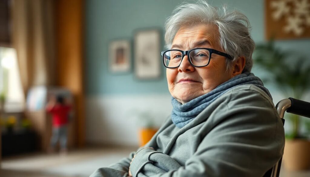 Ayuda 1.200 euros discapacidad requisitos 2025 1 Mujer mayor con gafas y bufanda, sentada en silla de ruedas dentro de una vivienda luminosa, con expresión tranquila, representando a beneficiarios potenciales de ayudas económicas por discapacidad
