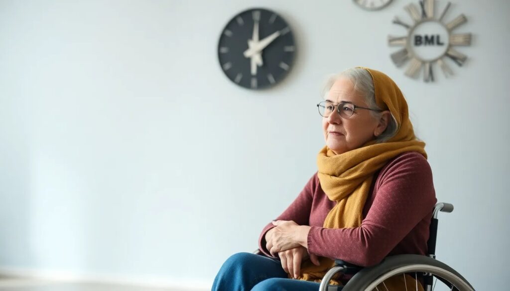 Ayudas compatibles con la pensión no contributiva por discapacidad 1 Mujer mayor con gafas y pañuelo mostaza, sentada en silla de ruedas frente a un reloj de pared, en un entorno interior luminoso, representando a personas que pueden acceder a ayudas compatibles con pensiones no contributivas