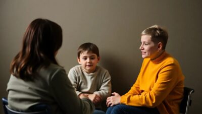 Madre y profesional educativa dialogan mientras un niño con necesidad específica de apoyo educativo escucha, en un entorno de atención personalizada