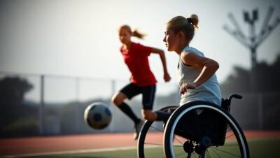 Niña en silla de ruedas participando activamente en un partido de fútbol junto a otra jugadora, en una pista al aire libre, representando los beneficios físicos, emocionales y sociales del deporte adaptado