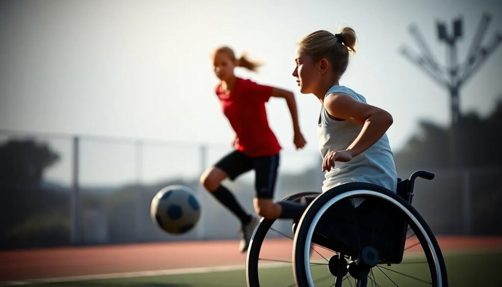 Beneficios del deporte en personas con discapacidad intelectual 1 Niña en silla de ruedas participando activamente en un partido de fútbol junto a otra jugadora, en una pista al aire libre, representando los beneficios físicos, emocionales y sociales del deporte adaptado