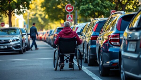 Persona en silla de ruedas circulando por la calzada entre coches aparcados, en una ciudad con señales de tráfico, simbolizando los desafíos y derechos en el uso de la tarjeta de estacionamiento para personas con discapacidad
