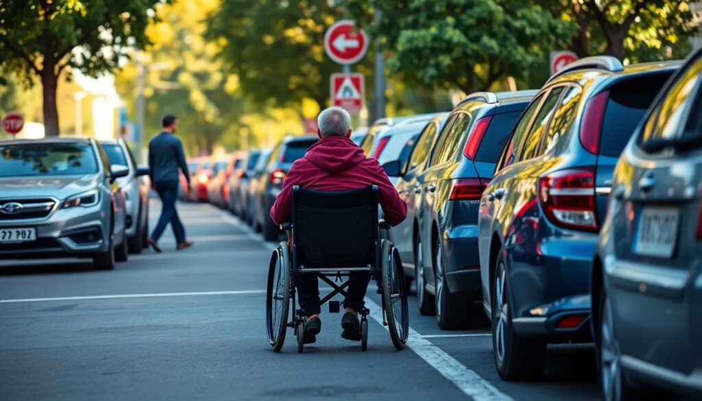 Dónde puedo aparcar con la tarjeta de discapacidad 1 Persona en silla de ruedas circulando por la calzada entre coches aparcados, en una ciudad con señales de tráfico, simbolizando los desafíos y derechos en el uso de la tarjeta de estacionamiento para personas con discapacidad