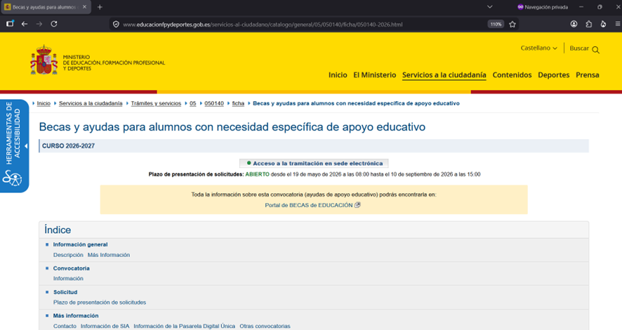 Ficha oficial del Ministerio de Educación con el botón "Acceso a la tramitación en sede electrónica" para la beca NEAE 2026-2027