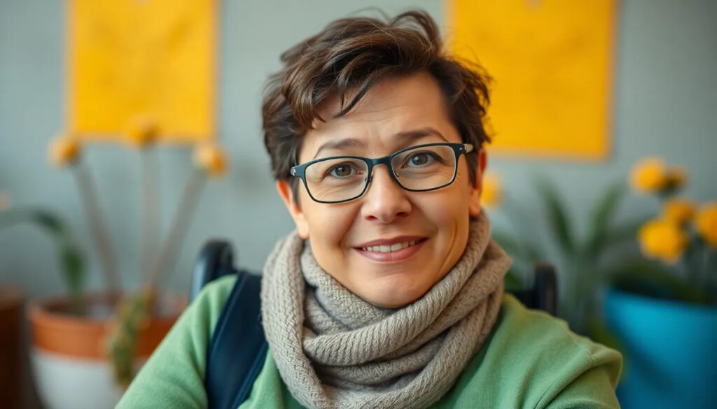 Organizaciones que ayudan a personas con discapacidad en España 1 Mujer sonriente con gafas y bufanda, sentada en una silla de ruedas, en un entorno acogedor con plantas y decoración colorida, simbolizando inclusión y bienestar