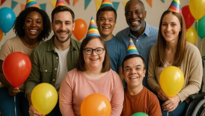 Invitados de diversas alturas sonríen y celebran un cumpleaños en un ambiente de respeto e inclusión.