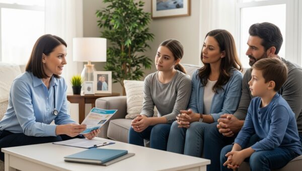 Reunión familiar con trabajadora social explicando la reforma de las leyes de dependencia y discapacidad