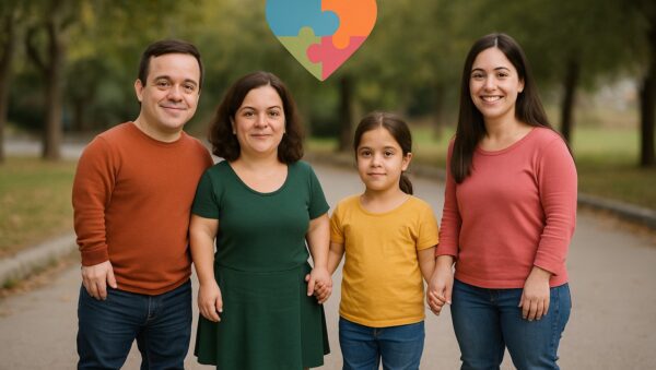 Fotografía de cuatro personas con acondroplasia y otras displasias esqueléticas con enanismo, de distintas edades, cogidas de la mano en un parque. Sobre ellas, un corazón compuesto por piezas de puzzle de colores simboliza la diversidad, la inclusión y el apoyo mutuo que promueve la Asociación ADEE.